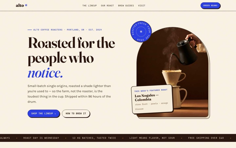 Alto Coffee Roasters — bag-label graphic design website hero in espresso, oat and cobalt