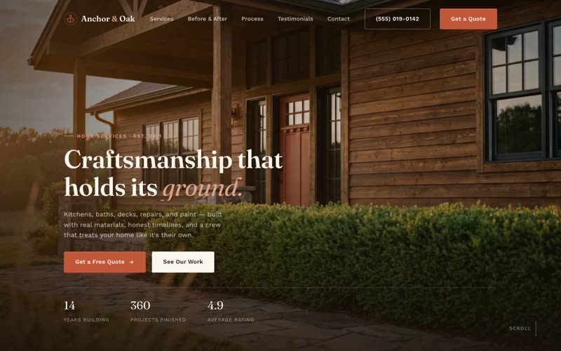 Anchor & Oak — warm home-services website hero with golden-hour craftsman house