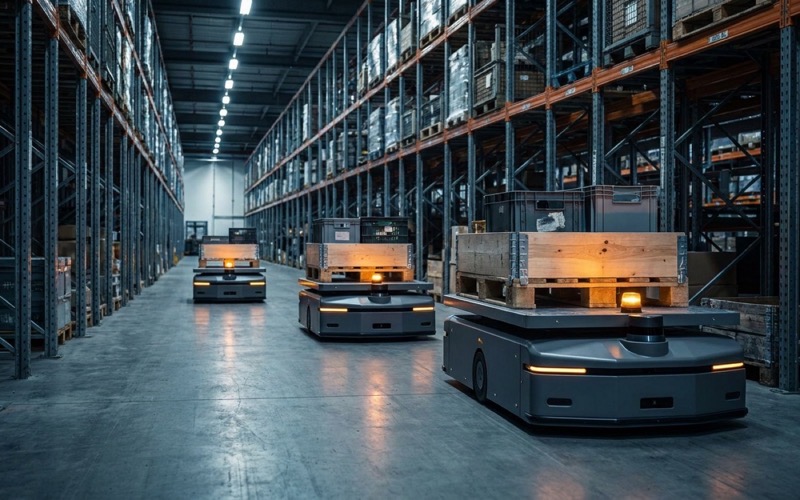 Anvil Robotics — industrial autonomous mobile robot website hero in a warehouse aisle