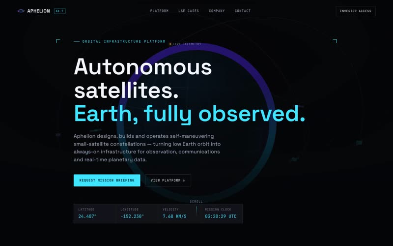 Aphelion — futuristic aerospace startup website hero, mission-control HUD