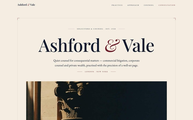 Ashford & Vale — engraved-letterhead law firm website hero in ink navy and cream
