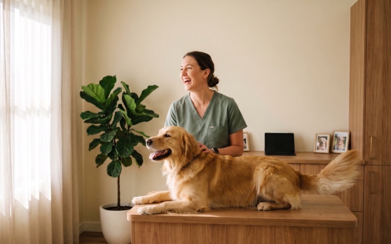 Brightpaw Veterinary — warm neighborhood animal hospital website hero with a golden retriever