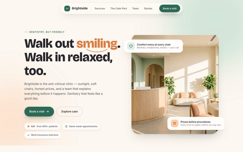 Brightside Dental — warm anti-clinical dental studio website hero in cream and eucalyptus