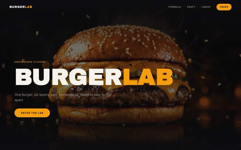 BurgerLab — cinematic scroll restaurant website hero, a burger deconstructed on near-black