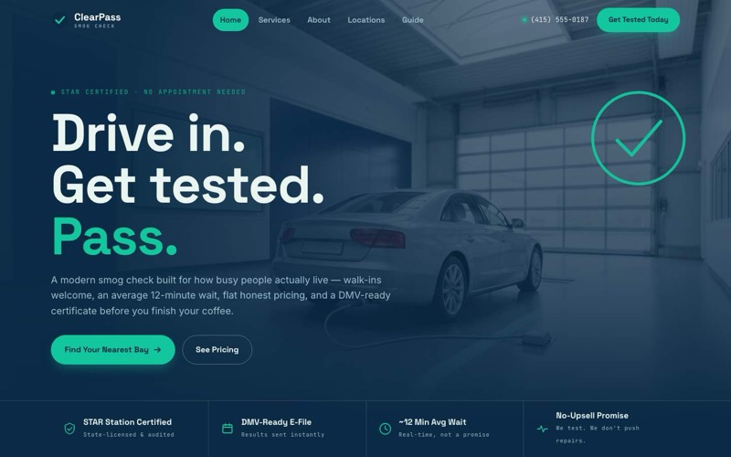 ClearPass Smog Check — fast, clean, DMV-adjacent website hero