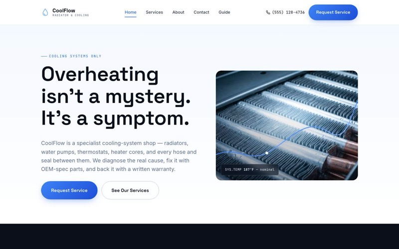 CoolFlow Radiator & Cooling — technical, cool-toned specialist-shop website hero
