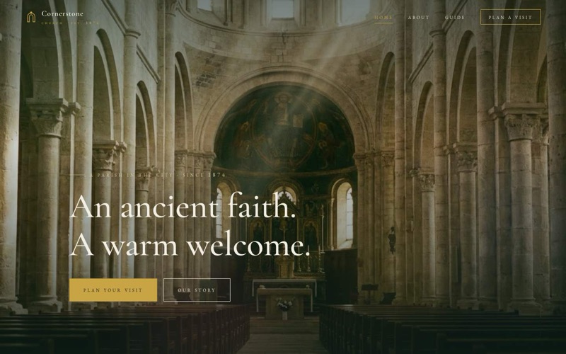 Cornerstone Church — heritage-classical parish website hero with arched stonework in jewel light
