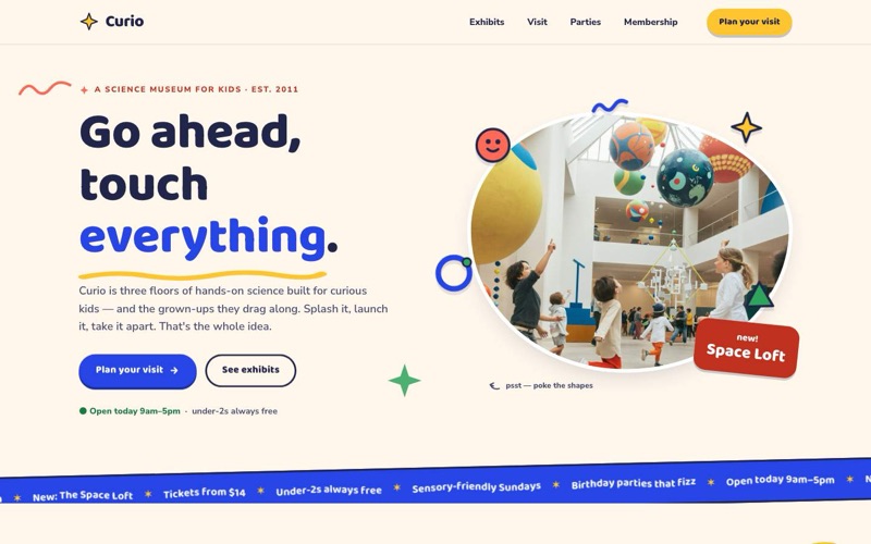 Curio — playful children's museum website hero in sunshine, cobalt and coral