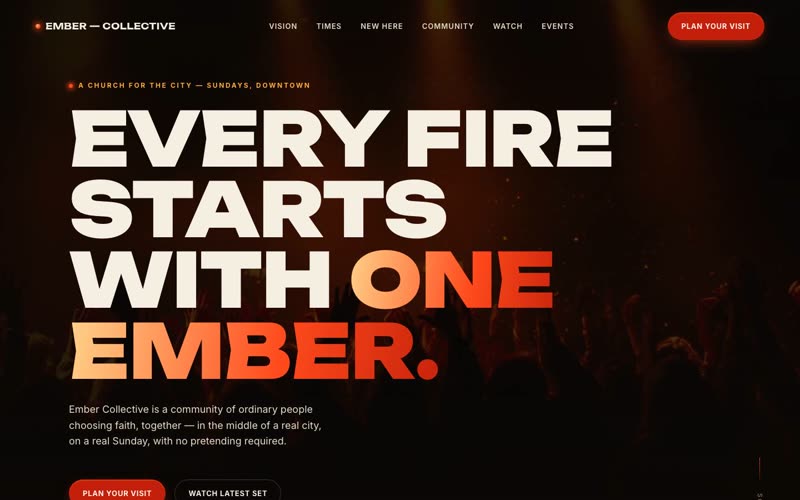 Ember Collective — bold dark church website hero with ember particles