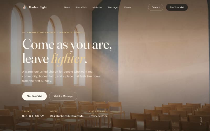 Harbor Light Church — luminous, airy church website hero
