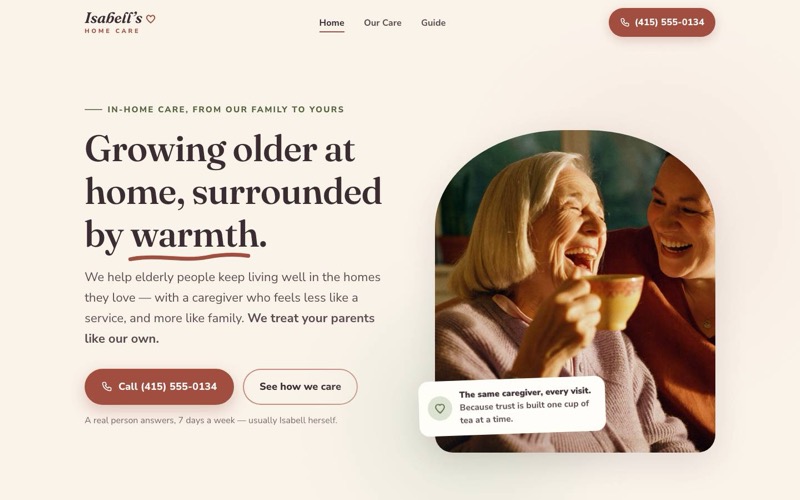 Isabell's Home Care Service — warm founder-led senior home care website hero