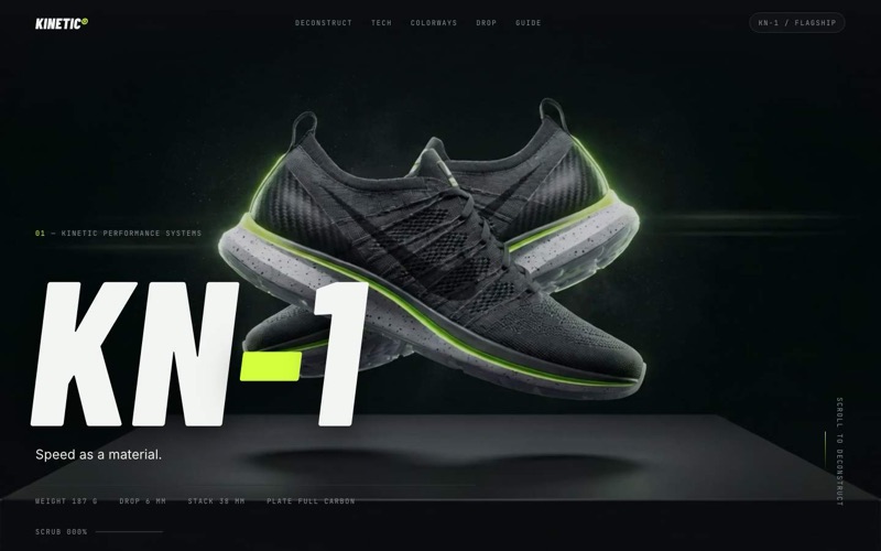 KINETIC — cinematic scroll footwear website hero, the KN-1 runner on graphite