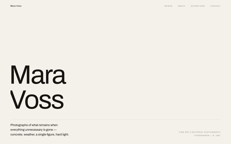Mara Voss — gallery-minimal photography portfolio hero in bone and ink