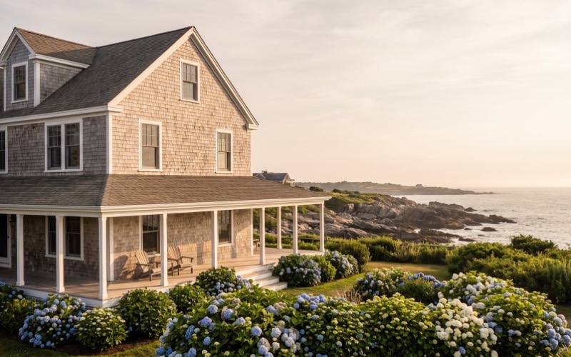 Marlow House — boutique coastal inn website hero, a restored harbormaster's house at golden hour