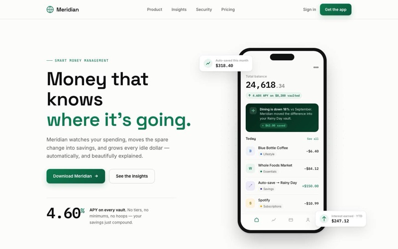 Meridian — paper-white fintech website hero with hand-built animated SVG dataviz
