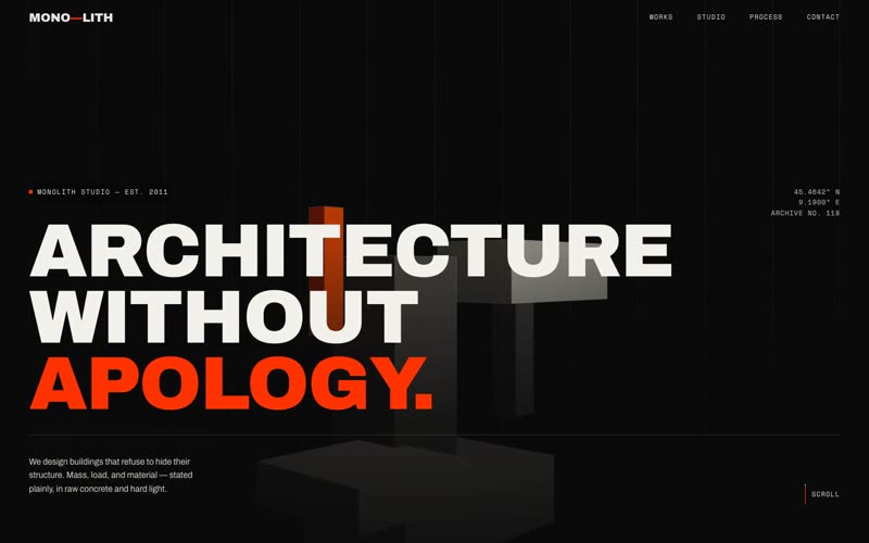 Monolith Studio — brutalist architecture studio website hero, swiss grid