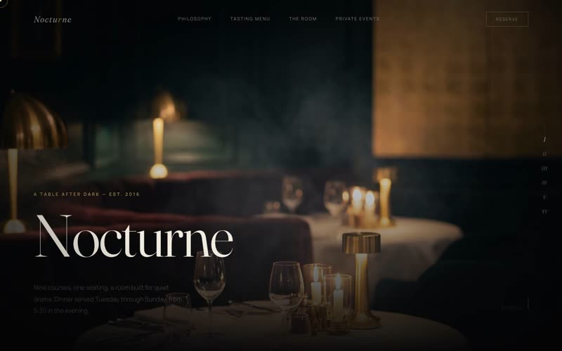 Nocturne — dark luxury fine-dining website hero, candlelit room