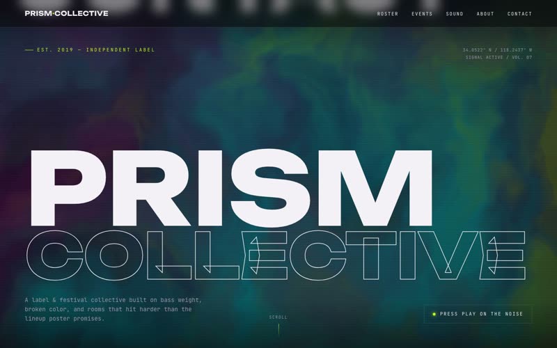 PRISM Collective — neon glitch music label website hero with WebGL shader