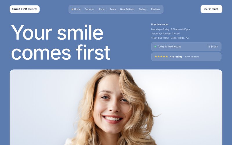Smile First Dental — steel-blue dental site hero with floating white panels and a smiling patient