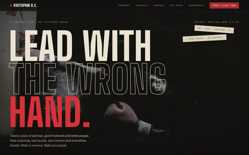 Southpaw Boxing Club — fight-poster boxing gym website hero in ink black and bruised red