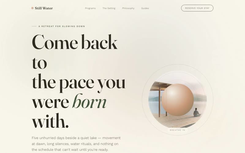 Still Water — calm wellness retreat website hero with organic shapes