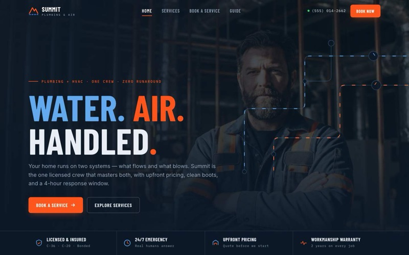 Summit Plumbing & Air — industrial-modern trades website hero with schematic flow-lines