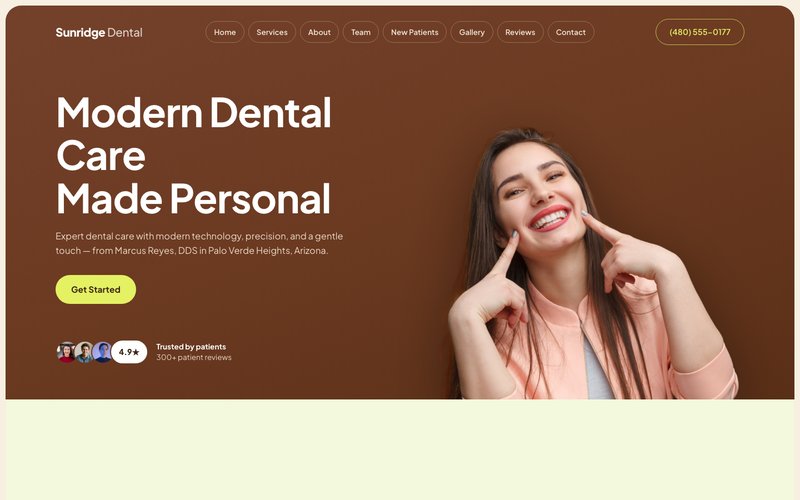 Sunridge Dental — cocoa and lime dental site hero with a smiling patient and bold rounded type