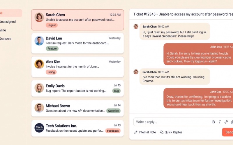 Threadline — warm customer-support SaaS website hero with a live shared-inbox mockup