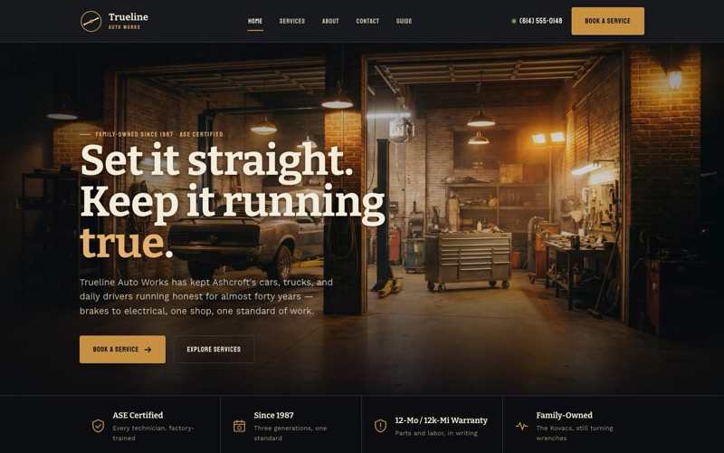 Trueline Auto Works — vintage-garage-meets-modern-shop website hero