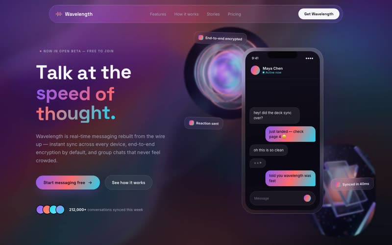 Wavelength — glassmorphic messaging app website hero with gradient mesh