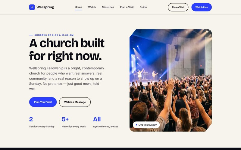 Wellspring Fellowship — bold contemporary color-block website hero