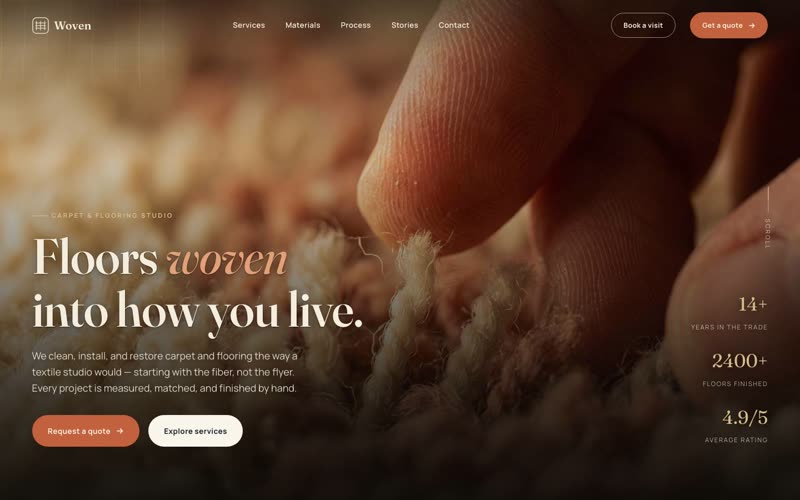Woven Carpet & Flooring Co. — tactile textile-led boutique website hero